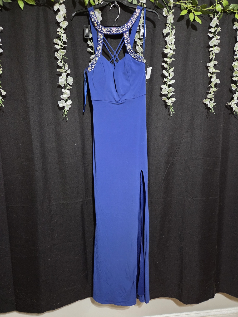 Jodi Kristopher Royal Blue Beaded Halter Maxi Dress